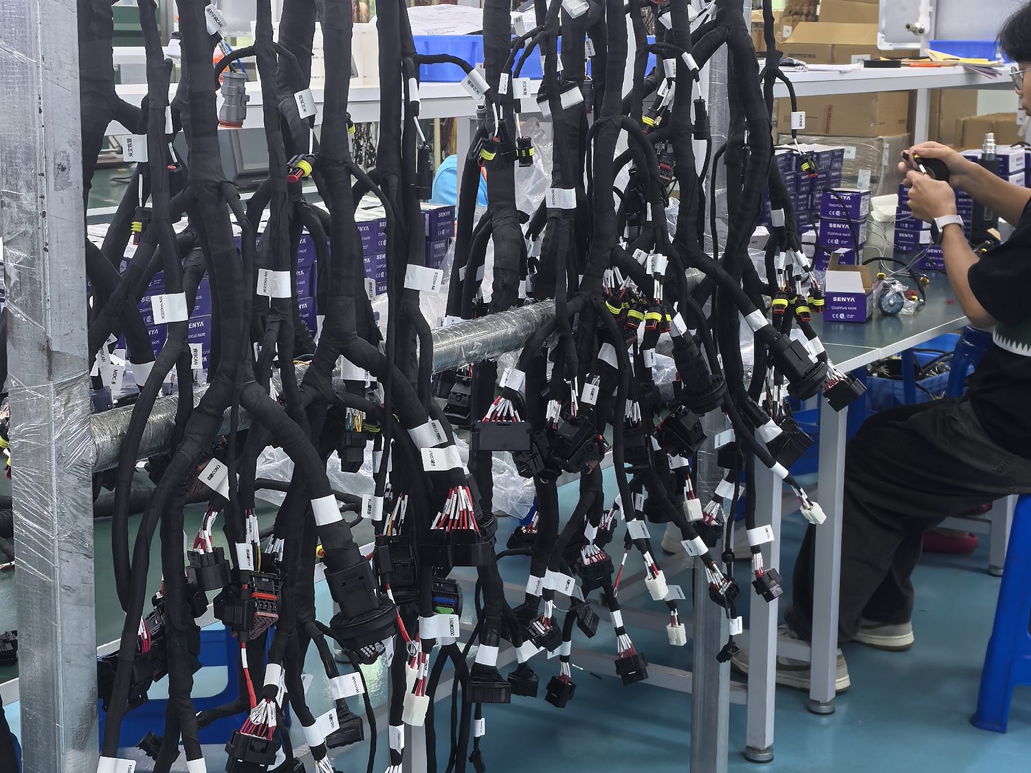 Harness racks on the assembly line